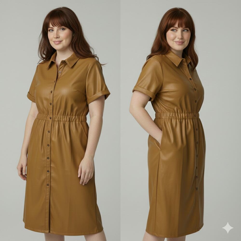 Who What Wear Short Sleeve Dress  Brown XXL, Faux Leather, Retro-Inspired